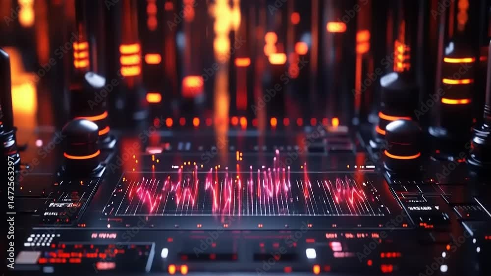 Futuristic control panel displays vibrant red waveform data against a dark, blurred city backdrop Futuristic control panel displays vibrant red waveform data against a dark, blurred city backdrop