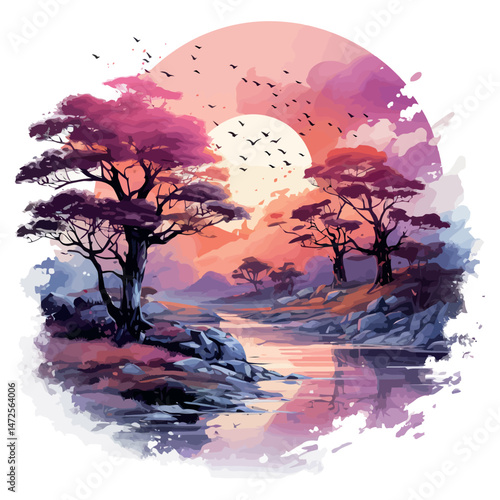 A dark silhouette of a tree stands against the moonlight in a night landscape where the sunset's last light touches the water and the distant forest under the starry sky