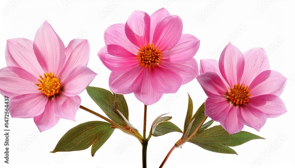 Fototapeta premium three pink flowers on stem isolated on white background