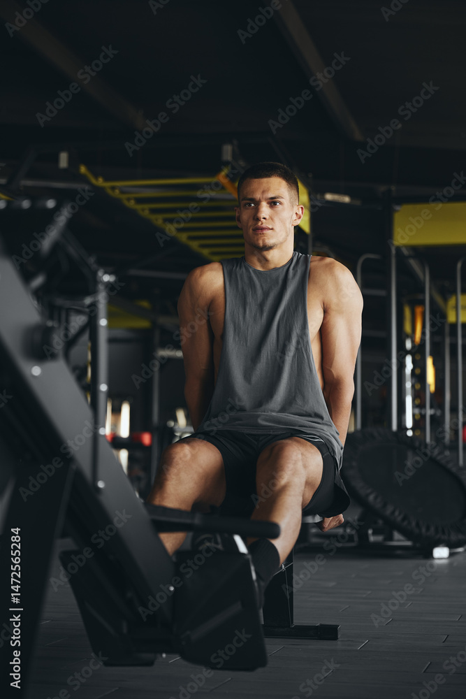 © Davidovici - Fit man with a muscular build pauses to rest after an intense rowing session. His focused expression and tired yet resolute demeanor showcase the commitment and effort of his fitness regimen © Davidovici - Fit man with a muscular build pauses to rest after an intense rowing session. His focused expression and tired yet resolute demeanor showcase the commitment and effort of his fitness regimen