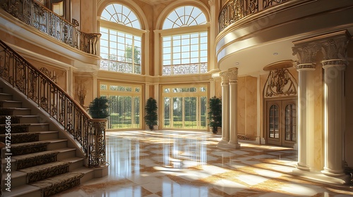 Luxurious interior design grand hall with marble floors and elegant staircase