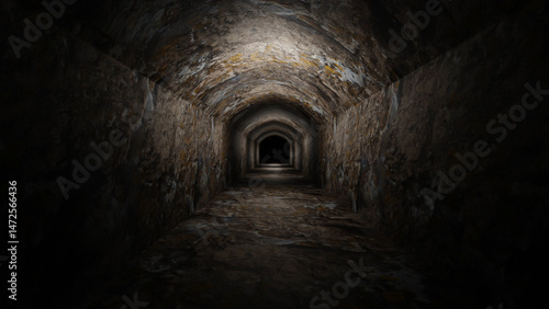 concrete dark gloomy corridor going into the distance. 3d render illustration