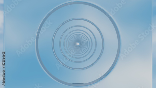 abstract background glossy rows of rectangles with a round hole going into the distance against the blue sky. 3d render illustration