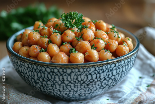Bowl of chickpeas with parsley.