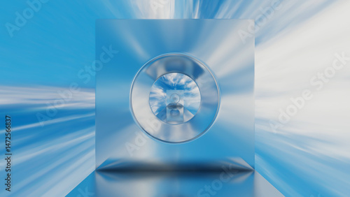 abstract background glossy rows of rectangles with a round hole going into the distance against the blue sky. 3d render illustration