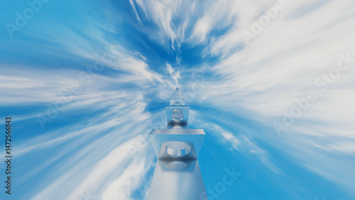 abstract background glossy rows of rectangles with a round hole going into the distance against the blue sky. 3d render illustration