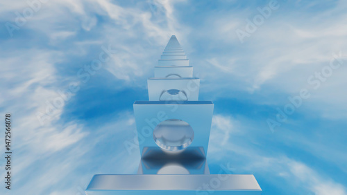 abstract background glossy rows of rectangles with a round hole going into the distance against the blue sky. 3d render illustration