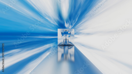 abstract background glossy rows of rectangles with a cross-shaped hole going into the distance against the blue sky. 3d render illustration