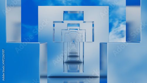 abstract background glossy rows of rectangles with a cross-shaped hole going into the distance against the blue sky. 3d render illustration
