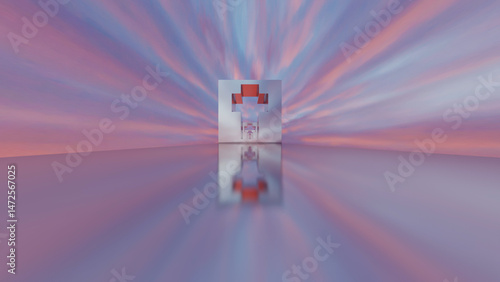 abstract background glossy rows of rectangles with a cross-shaped hole going into the distance against the backdrop of a pink sunset sky. 3d render illustration