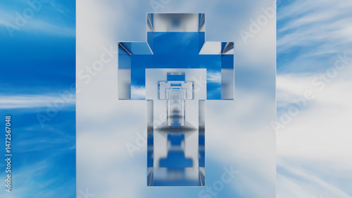 abstract background glossy rows of rectangles with a cross-shaped hole going into the distance against the blue sky. 3d render illustration
