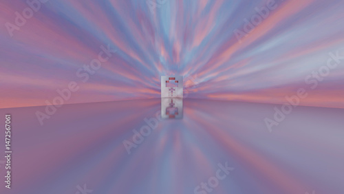 abstract background glossy rows of rectangles with a cross-shaped hole going into the distance against the backdrop of a pink sunset sky. 3d render illustration