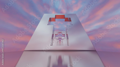 abstract background glossy rows of rectangles with a cross-shaped hole going into the distance against the backdrop of a pink sunset sky. 3d render illustration