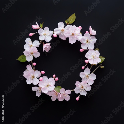 Pink blossoms circle on black background