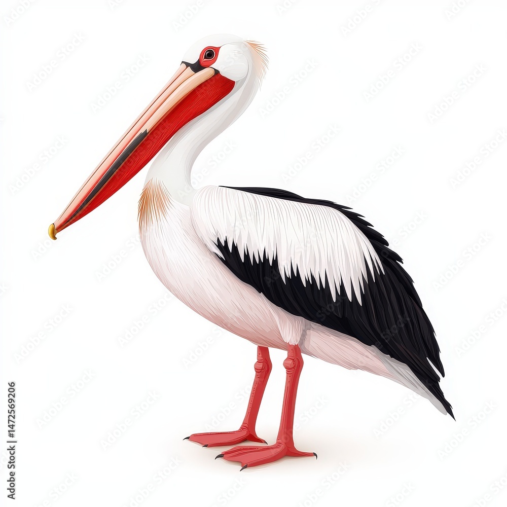 Fototapeta premium A large, white pelican with a long beak, black wing feathers, and red legs stands on a white background.
