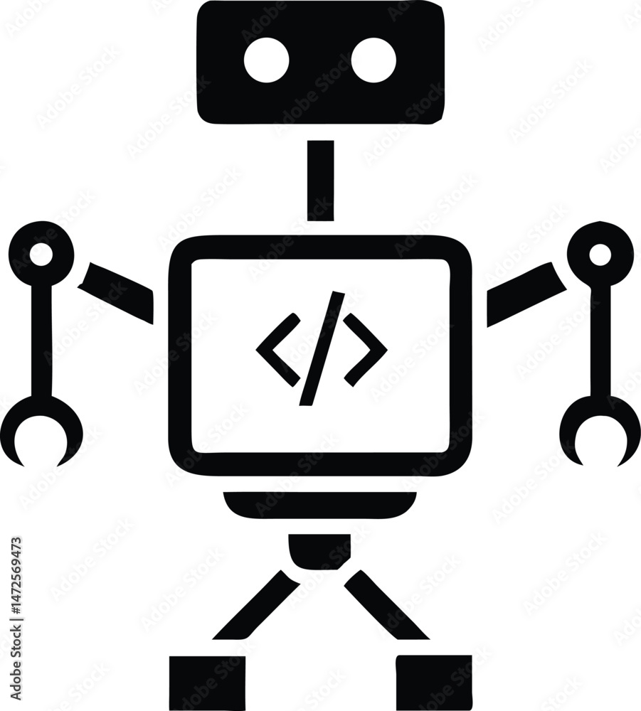 Black silhouette of a coding robot icon with ai algorithm development concept Black silhouette of a coding robot icon with ai algorithm development concept