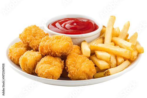 Crispy chicken nuggets and fries with ketchup on plate