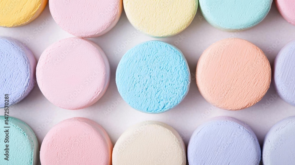 Obraz premium Close-up of a group of colorful macarons arranged in a random pattern on a white background.