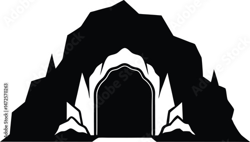 Explore the mysterious cave entrance vector illustration, black and white graphic art silhouette
