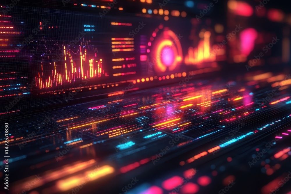 Visual representation of digital data streams and analytics in a futuristic environment during nighttime Visual representation of digital data streams and analytics in a futuristic environment during nighttime
