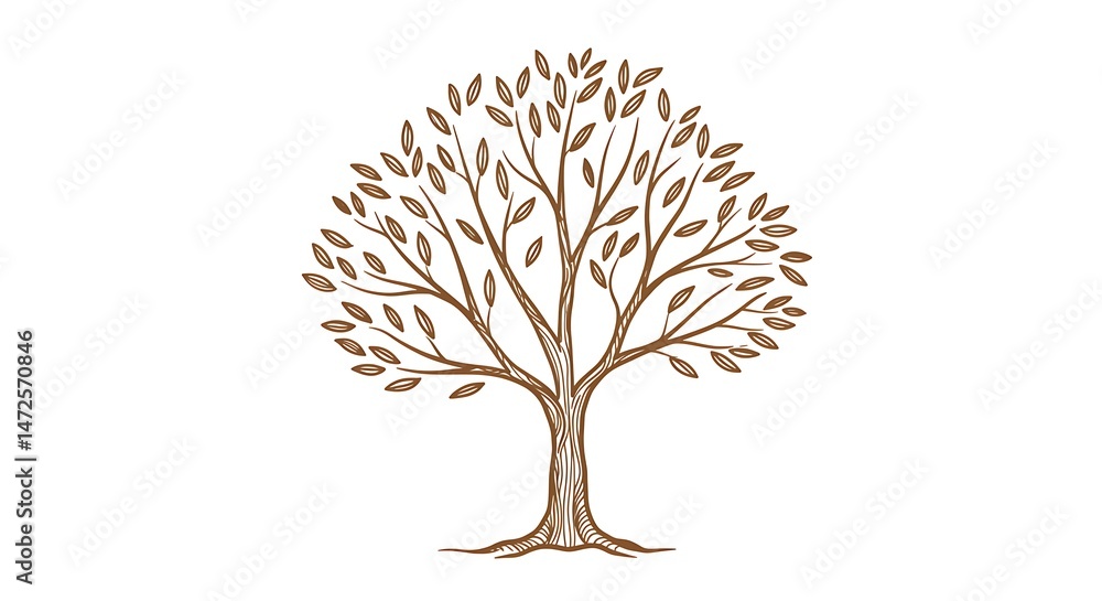 Naklejka premium Drawing of Tree with Leaves on White Background Isolated