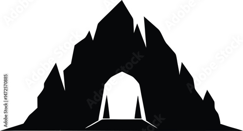 Explore the mysterious cave entrance vector illustration, black and white graphic art silhouette