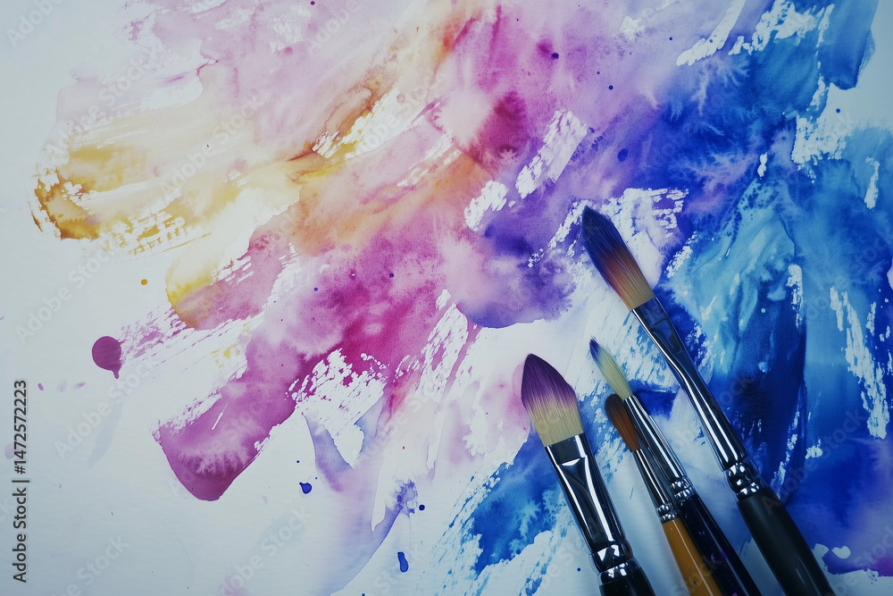 Fototapeta premium Flat lay of a vivid watercolor paint palette with u