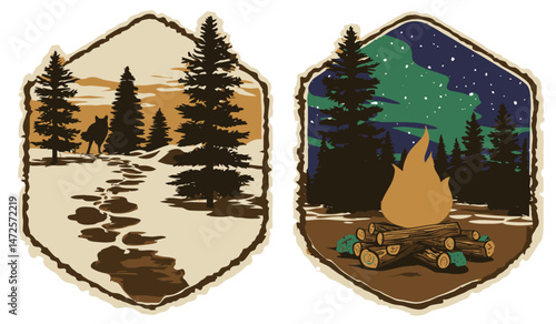 Vintage Hiking Boots Illustration with Forest and Mountain Landscape Art