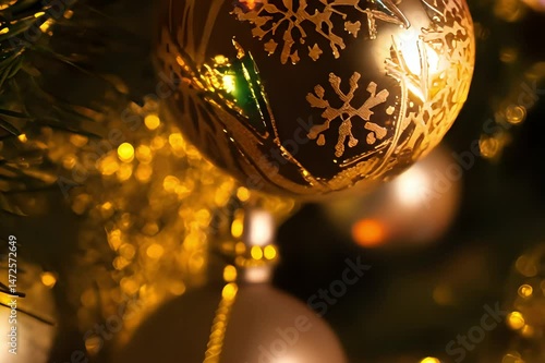 Macro Close-Up of Delicate Christmas Tree Ornaments with Reflections and Intricate Details