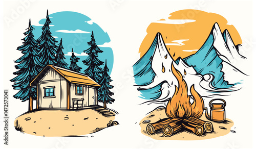Cozy Camping Scene with Tent, Fire, and Pine Trees in Mountains