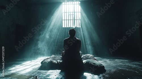 Silhouette of a person sitting in a dimly lit room, with light streaming through a barred window