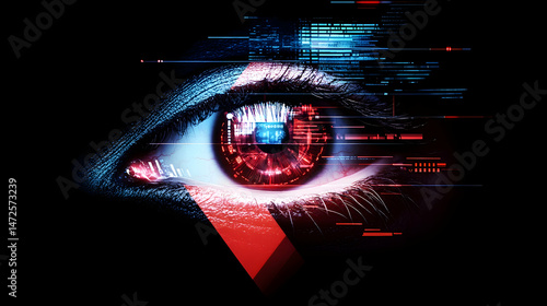 A vibrant, close-up of a human eye digitally enhanced with streaks of red, blue, and white data streams, creating a futuristic, high-tech aesthetic