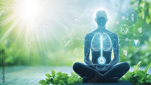 Symbolic representing the interconnected nature of holistic health featuring icons and elements for mind body and spirit. including brain medicine science fitness and mindfulness