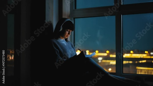 Lofi-Style Girl Studying by Window with Glowing Night Cityscape and Cozy Atmospher