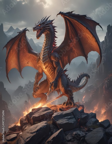 Epic sword clash against fiery dragon on craggy peaks,  background,  heat