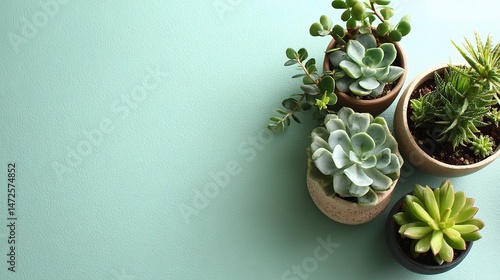 Overhead View of Potted Succulents on Pale Green Table Surface