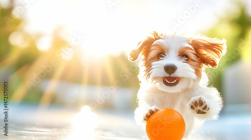 Happy puppy playing with an orange ball outdoors in bright sunlight