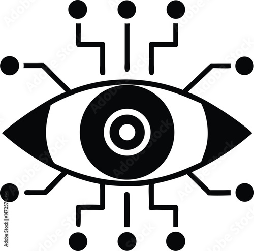 Black silhouette vector illustration of a robotic eye with scanning beams design