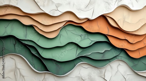 Wallpaper Mural Abstract layered wavy design with various earthy and muted colors.  Layers of paper or textured material create a 3D effect,  flowing with curves, mimicking geological formations Torontodigital.ca