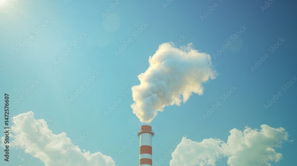 Obraz premium Industrial Smokestack Emitting White Smoke Against Blue Sky