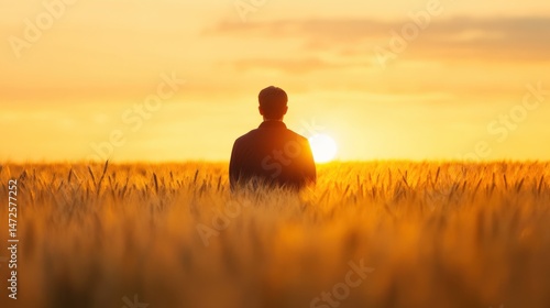 Person facing sunset in a wheat field