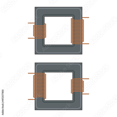 Vector illustration of two electric transformers (step-up and step-down) with copper coils, ideal for educational materials, engineering projects, and industrial designs.