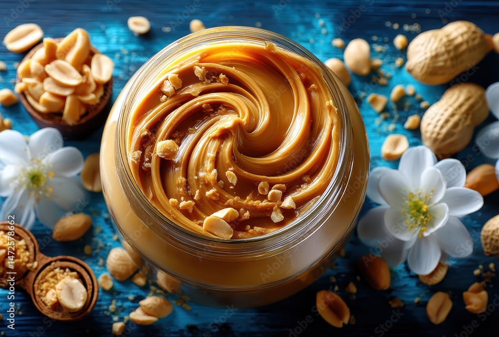 Creamy peanut butter in a glass jar with crushed peanuts and flowers arranged on a blue wooden surface for delicious food photography Creamy peanut butter in a glass jar with crushed peanuts and flowers arranged on a blue wooden surface for delicious food photography