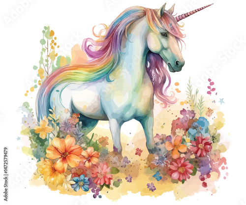 A wild horse with a flower in its mane, a silhouette against the snowy woods, a vector art illustration