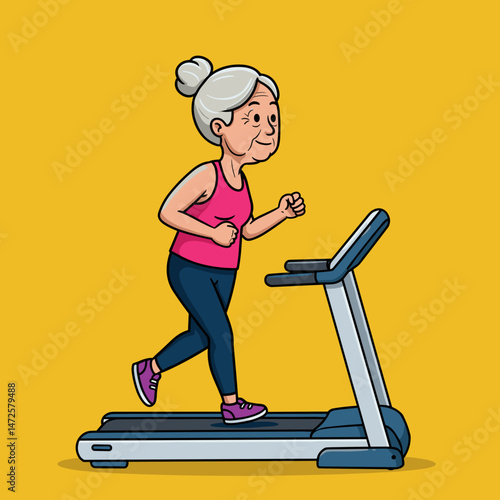 active senior woman jogging on treadmill with yellow background
