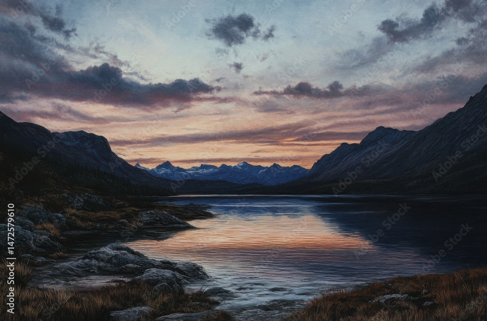 Naklejka premium Twilight sky over a mountain lake