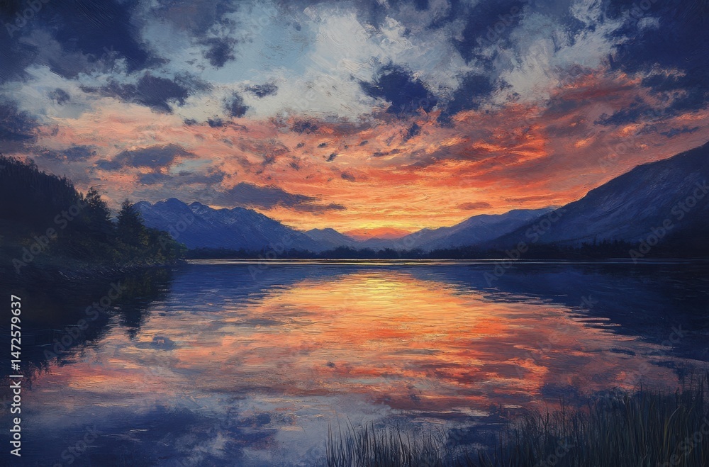 Fototapeta premium Twilight sky over a mountain lake