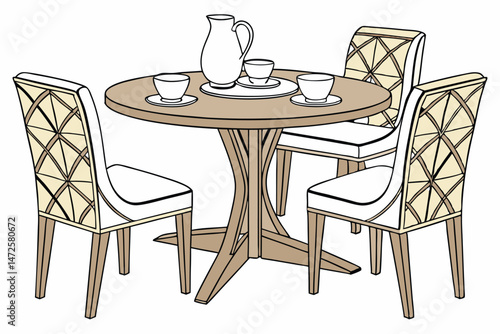 70 art deco, modern wooden dining table, upholstered dining chairs, minimalist tea set, geometric shapes, smooth surfaces, warm tones, natural materials, clean lines, sophisticated design
