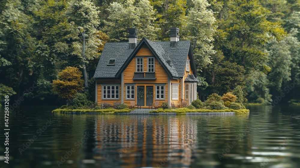 Obraz premium A charming little house sits serenely on an island in the lake.