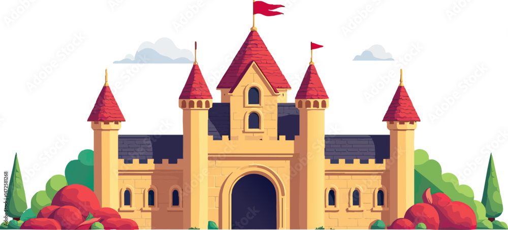 Fototapeta premium an image of a castle with trees and bushes